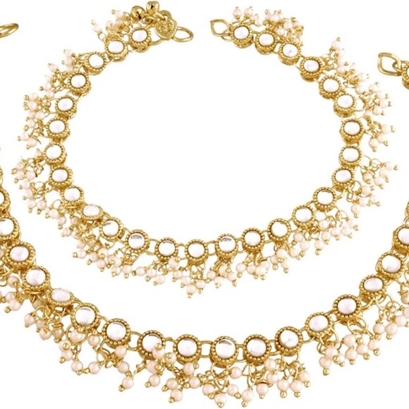 Gold Plated Indian Wedding Anklets for Women Kundan Bead Chain Adjustable - Picture 1 of 7